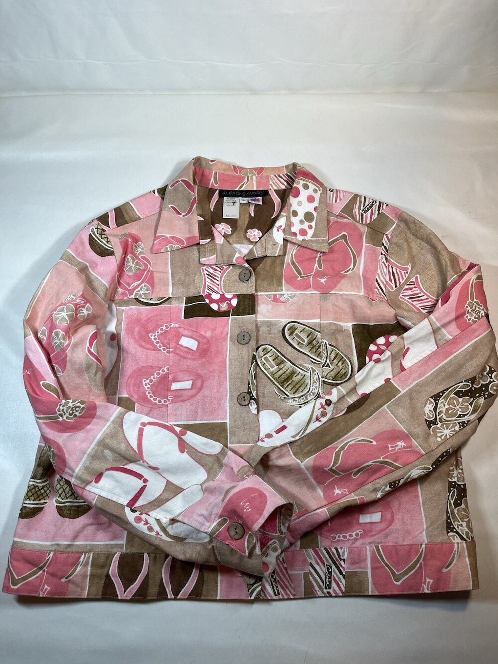 Alexis & Avery Jacket Womens L Pink Flip Flop Print Cotton Cropped Made USA